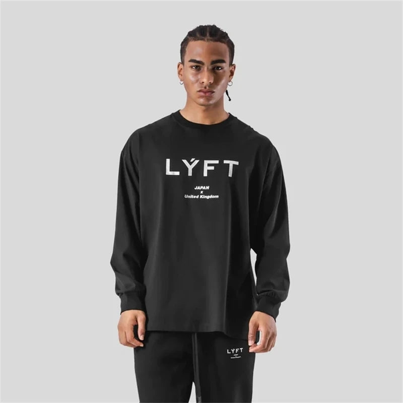 LYFT JAPAN&UK プリント長袖Tシャツ メンズ 100％コットン 250g ジム フィットネス ボディビル ワークアウト カジュアル スポーツTシャツ トップス