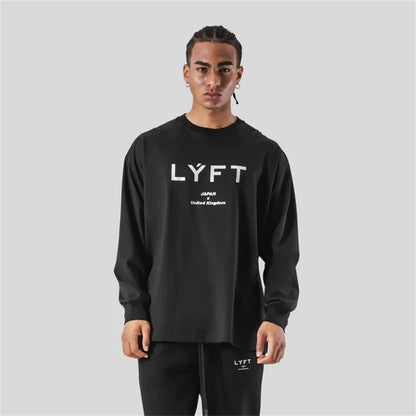 LYFT JAPAN&UK プリント長袖Tシャツ メンズ 100％コットン 250g ジム フィットネス ボディビル ワークアウト カジュアル スポーツTシャツ トップス
