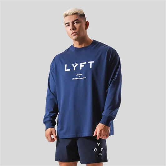 LYFT JAPAN&UK プリント長袖Tシャツ メンズ 100％コットン 250g ジム フィットネス ボディビル ワークアウト カジュアル スポーツTシャツ トップス