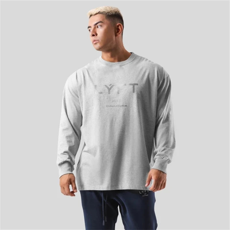 LYFT JAPAN&UK プリント長袖Tシャツ メンズ 100％コットン 250g ジム フィットネス ボディビル ワークアウト カジュアル スポーツTシャツ トップス