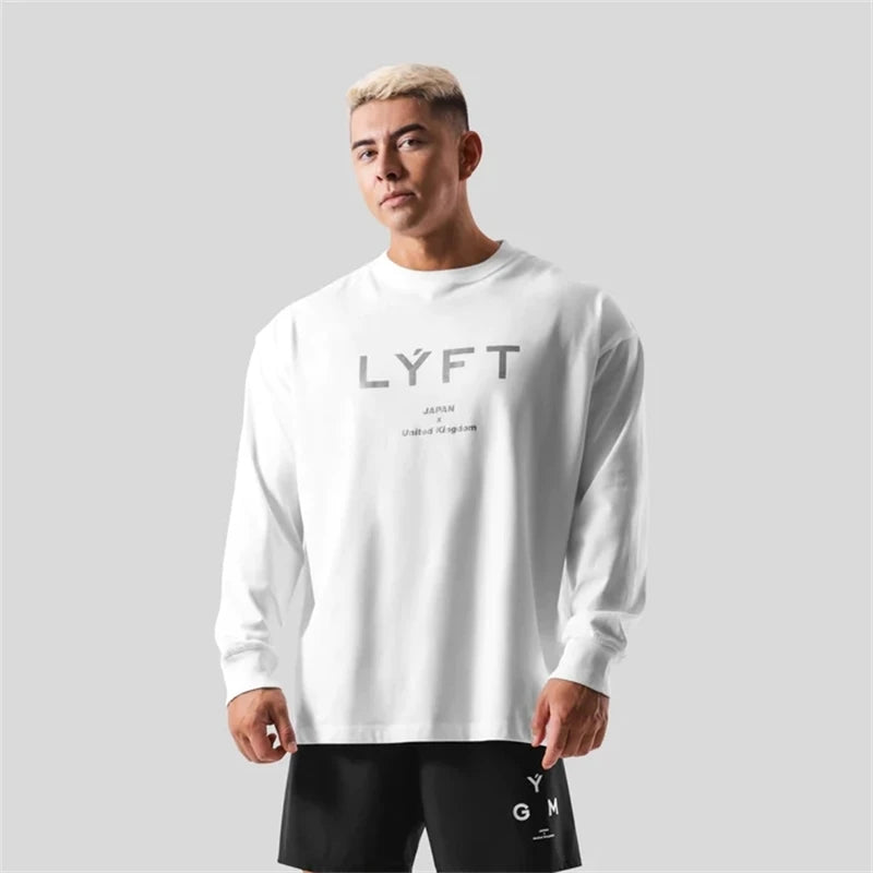 LYFT JAPAN&UK プリント長袖Tシャツ メンズ 100％コットン 250g ジム フィットネス ボディビル ワークアウト カジュアル スポーツTシャツ トップス